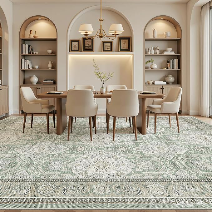 Soalmost 10x14 Area Rugs for Living Room Washable Rug Non-Slip Green/Brown | Large Vintage Stain Resistant Carpet for Dining Bedroom, Low Pile Lightweight Foldable Floor Mat Nursery Home Office Decor