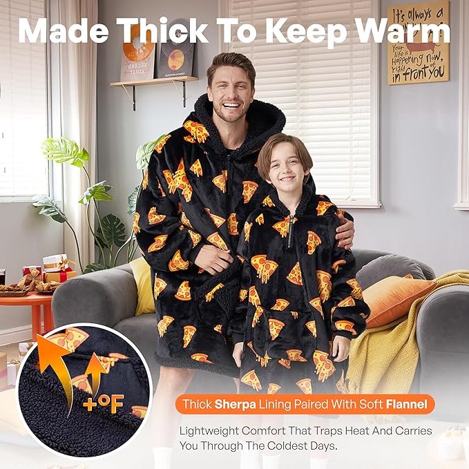 Giggling Getup Wearable Blanket Hoodie for Girls and Boys Warm Cozy Sherpa Fleece Hooded Blanket Sweatshirt Oversized Hoodie with Giant Pocket & Sleeves for Kids Pizza