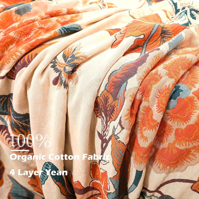 VANJOROY Boho Large Throw Blanket, 100% Organic Cotton Breathable Soft Bed Throw - Floral Bird Farmhouse Decor Blanket for Sofa Couch Chair Quilt and Gift. 91" x 98"- Beige