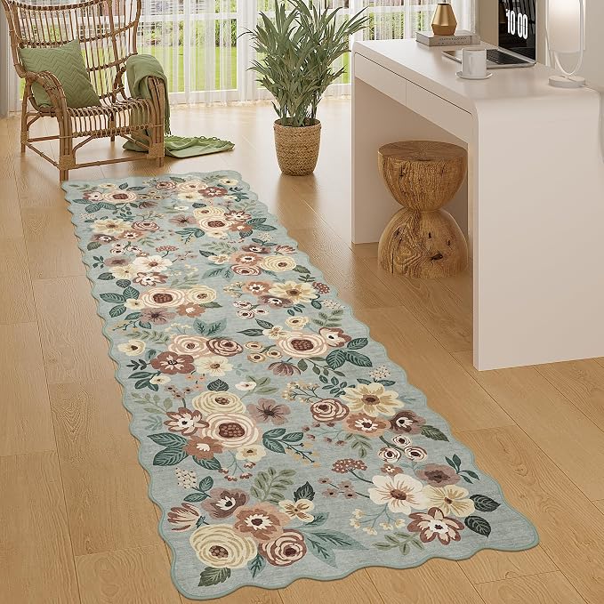 DUKINO 2x6 Runner Rug, Floral Washable Rug for Kitchen Non Slip Sage Green | Soft, Low Pile, Non-Shedding Long Runner Rugs for Kitchen, Entryway, Bedroom, Bathroom, Pet Friendly, Home Decor, Ultra-Thin