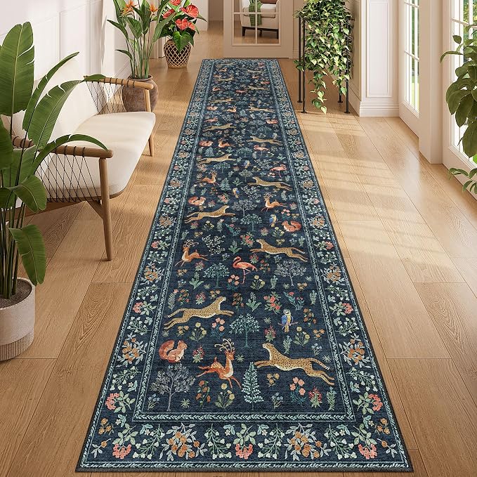 DUKINO 2.6x12 Hallway Runner Rug, Washable Animal Rug Non Slip, Navy Blue | Low Pile, Stain Resistant, Soft Indoor Long Carpet Runner for Entryway, Kitchen, Bedroom, Bathroom, Pet Friendly, Ultra-Thin