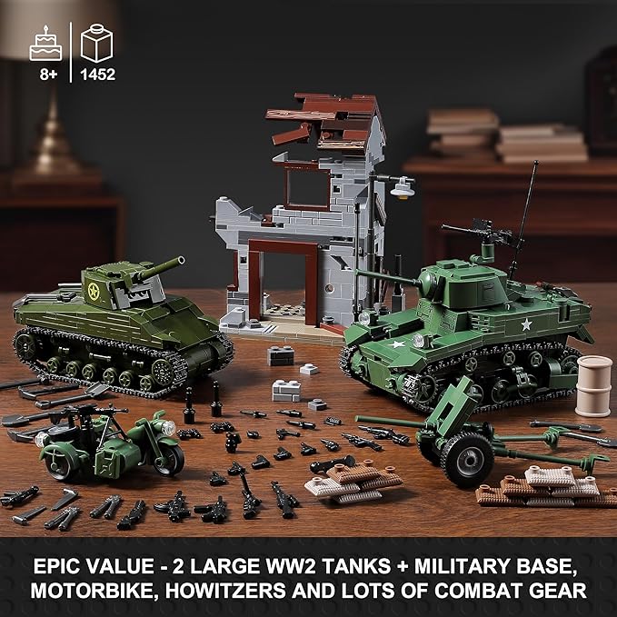 WW2 Army Tank Toys Building Sets Compatible with Lego (1452 Pieces), Includes Military Base, US Sherman & Stuart Tanks, Towed Howitzer, Motorcycle and Weapons, Great Military Toy Gifts for Boys Kids