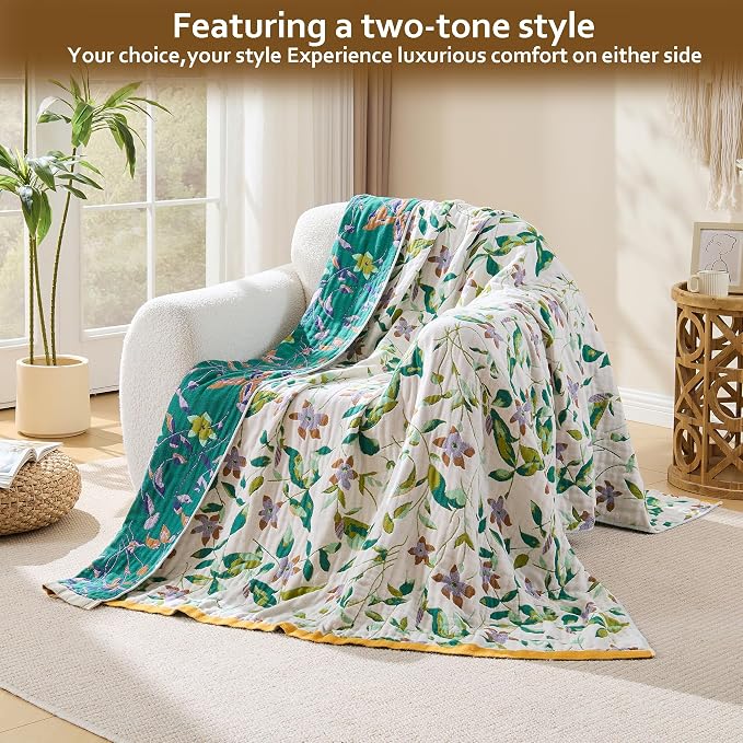 VANJOROY Boho Throw Blanket, 100% Organic Cotton Breathable Skin-Friendly Ultra Soft 60" x 80" Bed Quilt Throw - Floral Rustic Decor Luxury Reversible Blanket for Sofa Couch Chair and Gift,