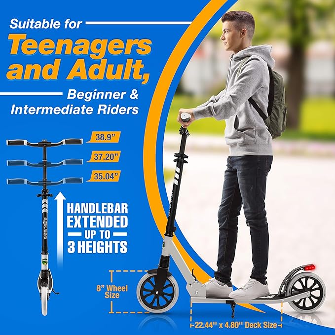 SereneLife Two Wheel Scooter for Teens, Smooth Gliding Kick Scooter for Adults w/Adjustable Height for Ages 8+, Portable All Terrain Scooter w/Carry Straps, Easy to Fold