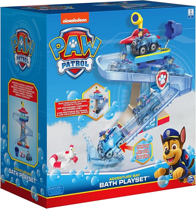 Paw Patrol, Adventure Bay Bath Playset with Light-up Chase Vehicle, Bath Toy for Kids Aged 3 and up