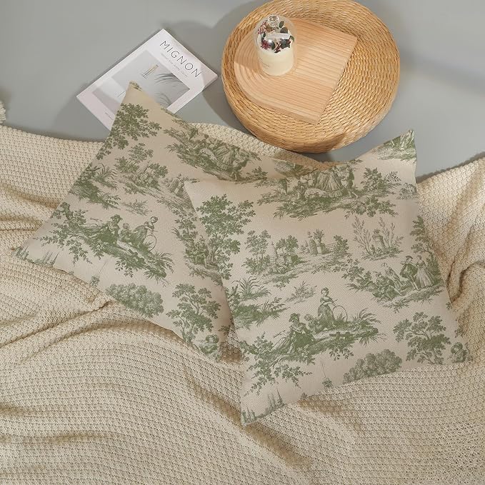 French Country Pillow Covers 18x18 Set of 2 Vintage Sage Green Throw Pillows French Country Outdoor Decorative Pillowcase Retro Rustic Linen Decor Farmhouse Cushion Case for Couch Bed Sofa