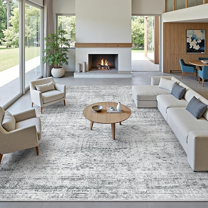 Soalmost 12x15 Washable Area Rugs Soft Living Room Rug Abstract Grey | Large Vintage Carpet Non-Slip for Dining Bedroom, Low Pile Thin Stain Resistant Foldable Indoor Floor Mat Home Office Decor