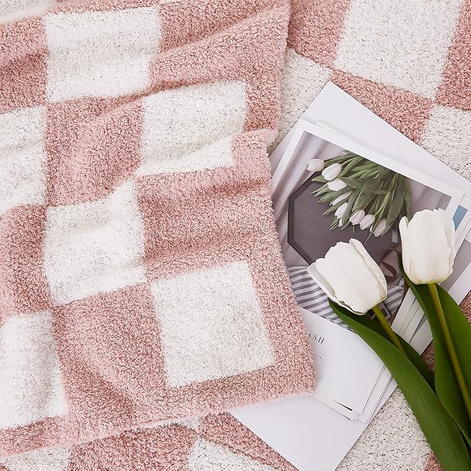 Soft Checkered Throw Blanket for Couch-Cozy Warm Knitted Blankets | Lightweight Warm Fluffy Decor for Women, Mom, Her & Girls, Sofa, Chair, Bed, 50x60in,Pink