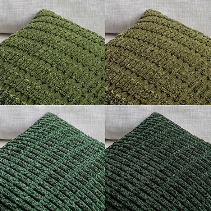 Fancy Homi Set of 4 Green Spring Decorative Throw Pillow Covers 12x12 Inch for Couch Bed Chair, Aesthetic Rustic Boho Room Decor, Soft Fuzzy Double Sided Thick Corduroy Textured Cushion Case 30cm