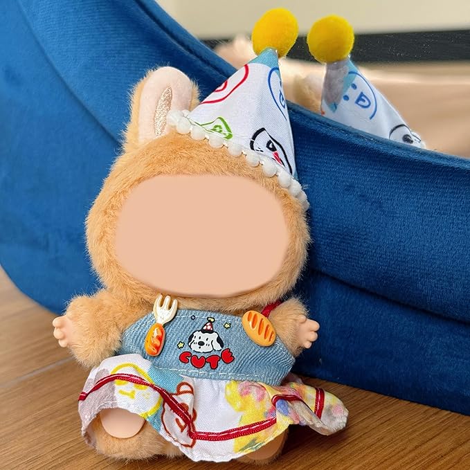 Doll Clothes Set for 15cm/17cm Dolls Outfit Accessories, Party Hat + Colorful Denim Skirt + Clothes Hanger, No Doll Included (NO Dolls)