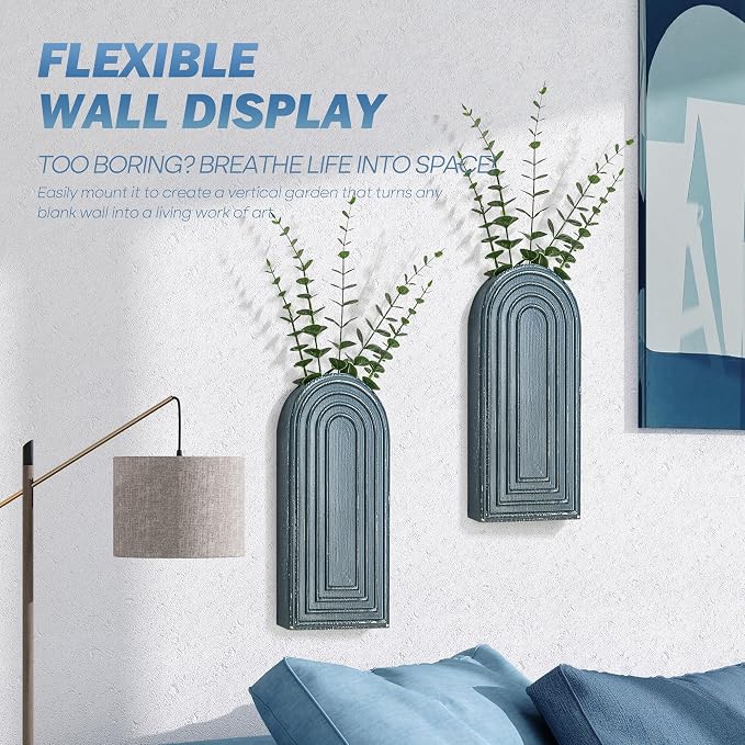 EOSAHR Wall Vase for Boho Room Decor: Wall Planter for Flowers, Denim Blue | 2Pcs, Pine Wood, 3D Embossed Lines, Round Corner Design, Blue Wall Art for Living Room, Ideal for Fake Plant