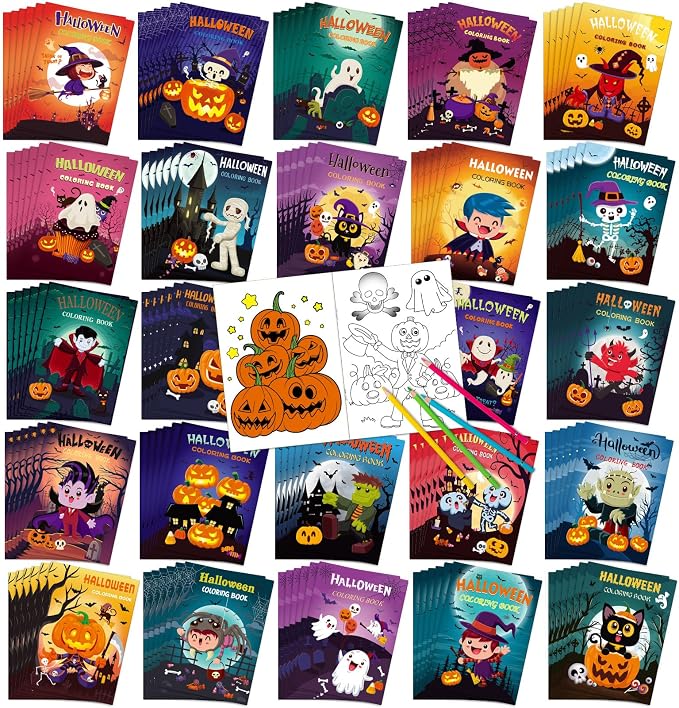 Liliful 144 Pcs Halloween Coloring Book Bulk for DIY Art Stress Relief Drawing Book with Ghost Pumpkin Patterns for Adults, Halloween Party Favors, Goodie Bag Filler and Holiday Gifts