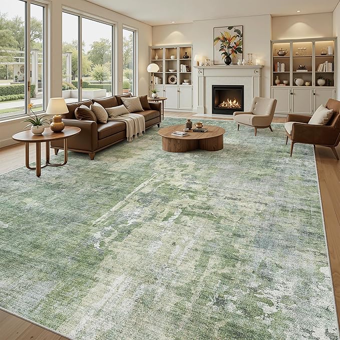 Soalmost 10x14 Area Rugs for Living Room Washable Rug Abstract Green/Ivory | Non-Slip Large Modern Carpet for Dining Bedroom, Soft Low Pile Lightweight Foldable Floor Mat Nursery Home Office Decor