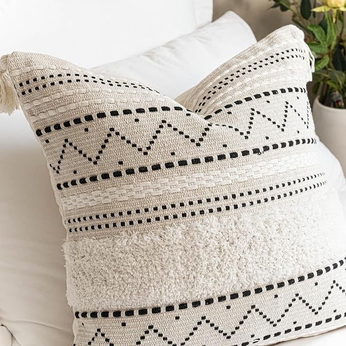 Decorative Throw Pillow Covers 20x20 Combo Set of 2 Square Boho Black Neutral Accent Pillowcase Tassels Farmhouse Cushion for Couch Sofa Bedroom Living Room Home Décor Cover ONLY