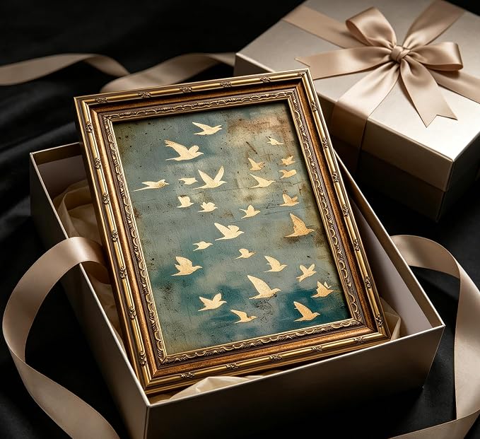 Vintage Gold Framed Wall Art, Golded Inspired Abstract Birds Canvas Prints, Flock of Flying Birds Picture Wall Decor, Rustic Farmhouse Minimalist Animals Poster Artwork for Living Room Bedroom
