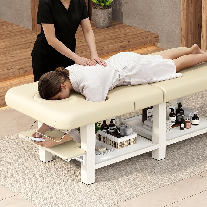 Extra Large 34''×80'' Folding Stationary Massage Table with Adjustable Backrest, Heavy-Duty Metal Frame PU Leather Treatment Bed for Spa, Physical Therapy, Tattoo, Facial & Medical Exam - Beige Gray