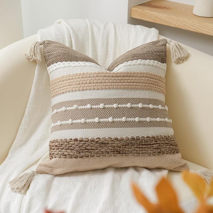 Boho Decorative Throw Pillow Cover 22x22 Square Brown Accent Pillowcase Tassels Farmhouse Cushion for Couch Sofa Bedroom Livingroom Home Décor Cover ONLY (Pack of 1)