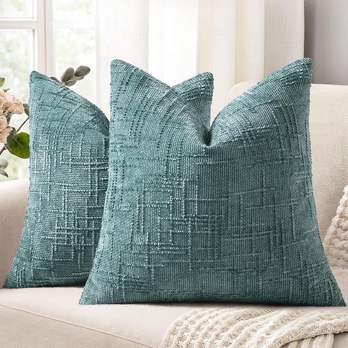 decorUhome Textured Chenille Throw Pillow Covers 24x24 Set of 2 Teal | Fall Modern Farmhouse Soft Cozy Slubby Couch Pillow Cases Boho Decorative Pillow Cases for Bed Sofa Living Room Home Decor