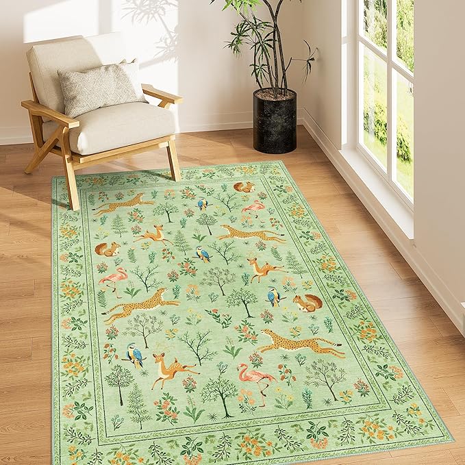DUKINO 4x6 Area Rug, Non Slip Animal Washable Living Room Rug, Light Green | Soft, Low Pile, Stain Resistant Indoor Carpet for Bedroom, Dining Room, Nursery, Farmhouse, Pet Friendly, Non-Shedding