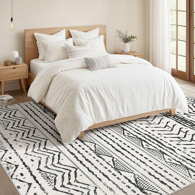 Nakagishi Black Rug for Living Room: 7x9 Washable Boho Large Neutral Soft Farmhouse Area Rugs Stain Resistant Modern Geometric Non-Slip Indoor Floor Carpet for Bedroom Playroom Office Dining Room