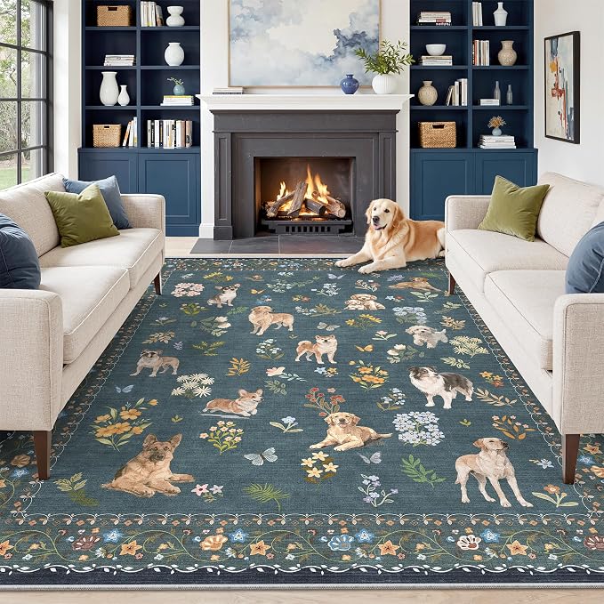 Soalmost Dog 8x10 Area Rugs for Living Room, Washable Soft Rug Navy Blue | Floral Vintage Non-Slip Low Pile Cute Animal Throw Large Rugs for Classroom Bedroom Dining Room Nursery Playroom 8' x 10'
