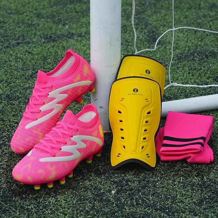 brooman Kids Firm Ground Soccer Cleats Boys Girls Football Shoes with Shin Guards and Soccer Socks