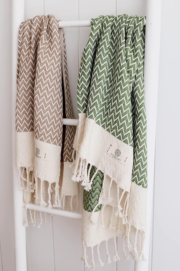 Madamelique Exclusive Hand Towels Set of 2-18 x 40 Inches - Decorative Bathroom Peshtemal Towel for Hand, Face, Hair, Yoga, Tea, Dishcloth, Kitchen and Bath - 100% Pure Cotton (Olive)