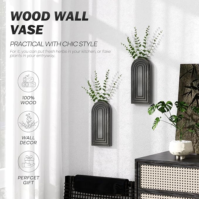 EOSAHR Wall Vase for Home Decor: Wall Planter for Indoor Plants, Black | 2Pcs Bathroom Set, Pine Wood, Wall Plant Holder for Home Decor, Boho Wall Art, Perfect for Kitchen & Bedroom, Rustic decor
