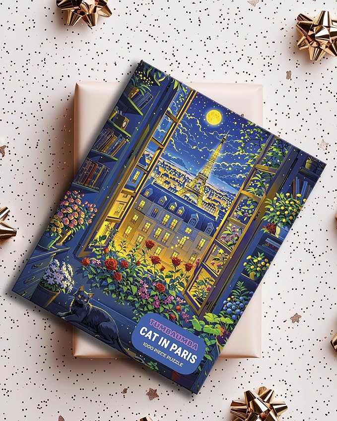 Cat in Paris. TUMBAUMBA, Puzzles for Adults 1000 Pieces, Relaxing Romantic Art Puzzle, Mate Finish Jigsaw Puzzles 1000 Pieces, Poster Included France Puzzles, Cozy Evening Paris Scene