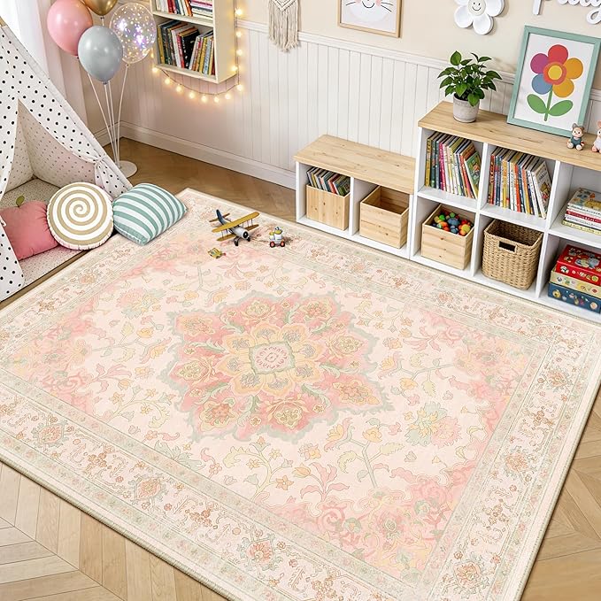 CAPALOCA 7x9 Washable Nursery Girls Low Pile Area Rug Pink Green | Non-Slip Soft Rugs for Bedroom Kids Playroom Living Room, Print Pattern Water Repellent Carpet Indoor Decor