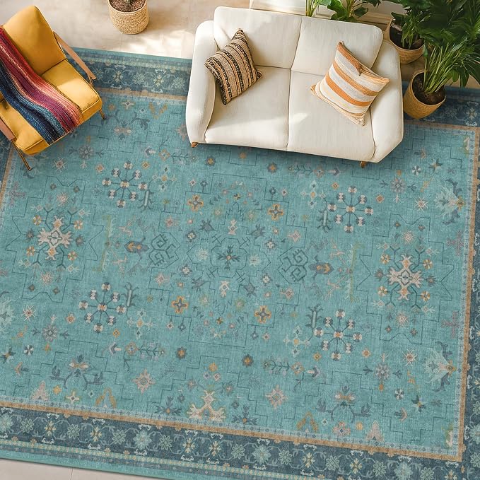 Large Boho 8x12 Teal Green Washable Living Room Rug - Vibrant Turquoise Rug for Bedroom Under Bed, Dining Room Under Table, Geometric Floral Low Pile & Soft Stain Resistant Carpet