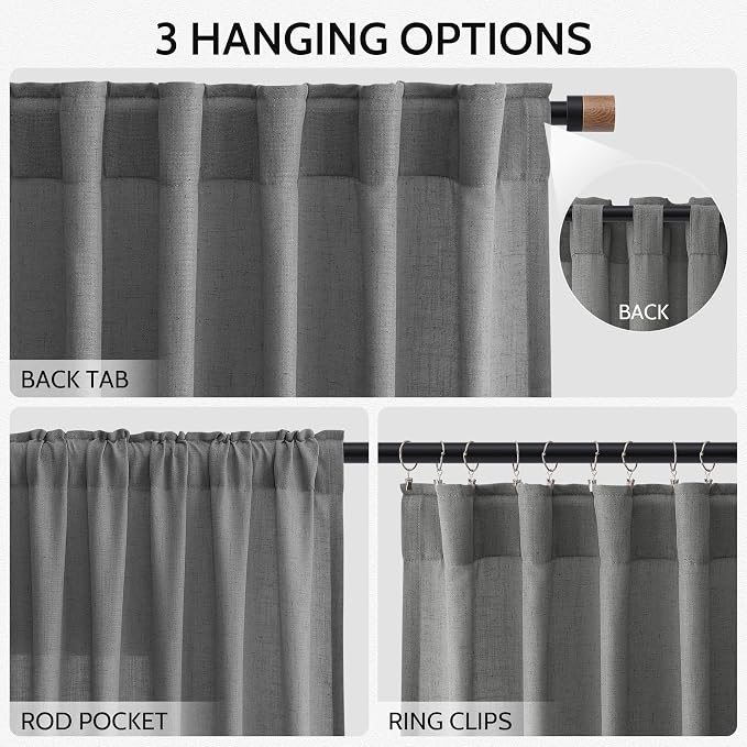 Blazer Grey Linen Curtains 90 Inch Long 2 Panels Set for Bedroom Living Room, Soft Linen Textured Window Drapes Semi Sheer Light Filtering Rod Pocket Back Tab Morden Simple Style 52x90