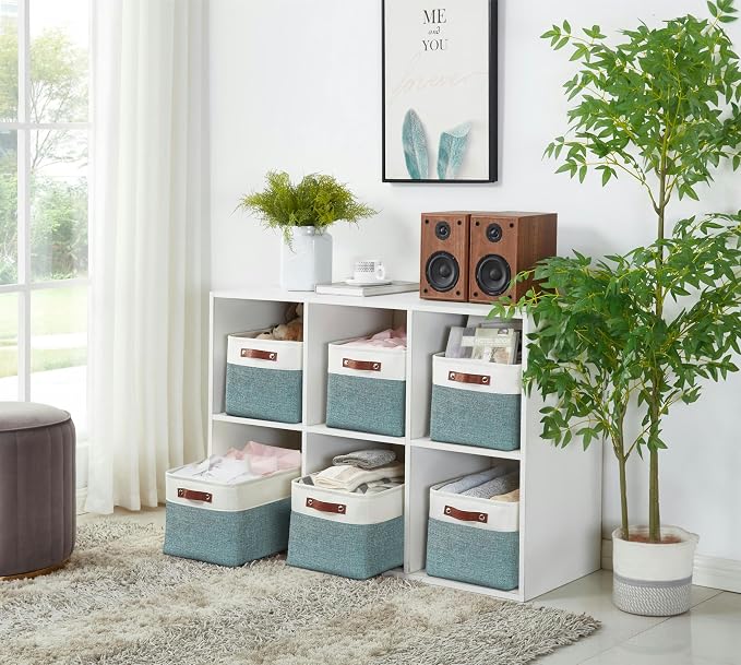 DECOMOMO Storage Bins, Large Fabric Storage Baskets for Shelves 3 Pack | 15 x 11 x 9.5 inches Decorative Linen Closet Organizers (Green & White)