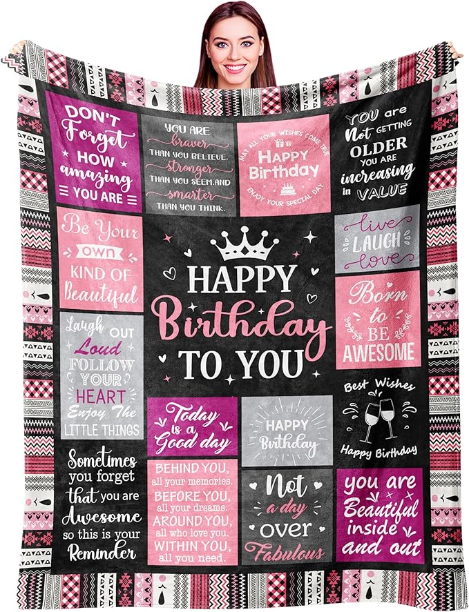 Ivivis Birthday Gifts for Women Girls Throw Blanket 60"X50" Black, Happy Birthday Decorations for Woman, Gifts for Women Birthdays Unique, Womens Bday Gift Ideas for Her Friend Mom Sister Grandma Wife