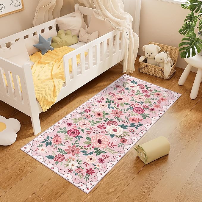 DUKINO 2x5 Runner Rug, Floral Washable Rug for Kitchen Non Slip, Pink | Low Pile, Soft, Stain Resistant Indoor Rug Runner for Entryway, Hallway, Bedroom, Bathroom, Laundry, Pet Friendly, Home Decor