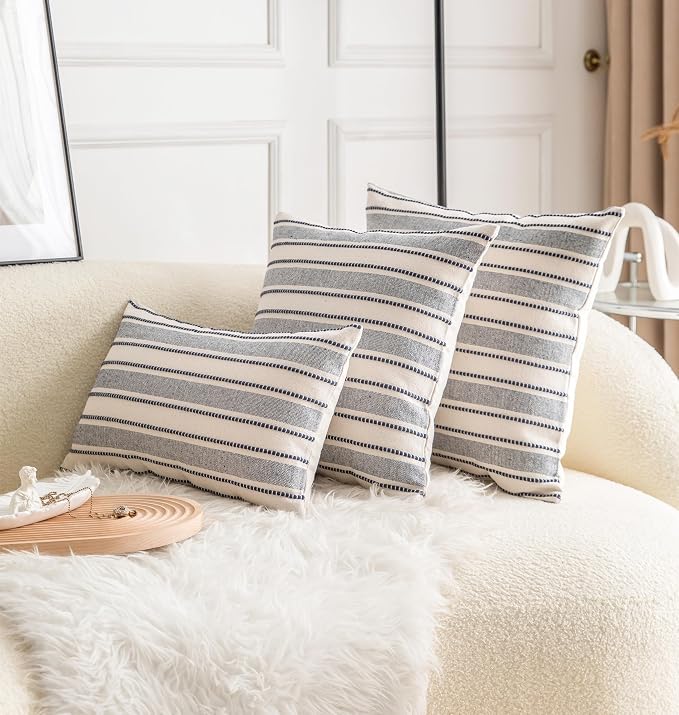 Cethom Decorative Boho Throw Pillow Covers, Farmhouse Textured Pillow Case, 18 x 18 Inch Set of 2, Chair Sofa Bedroom Living Room Decor Couch Cushion Case, Navy Blue and Beige Striped