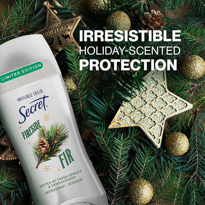 Secret Fresh Antiperspirant Deodorant for Women, 72hr Breathable Odor Protection with Pro-Hyaluronic Acid, Holiday Invisible Solid, Fireside Fir with Fresh Spruce & Sandalwood Scent, 2.6 oz