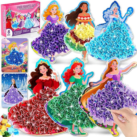 8PCS Poke Art Kits - Magical Princesses, Mess-Free Fabric Creative Art, DIY Arts and Crafts Toys for Kids Ages 3-12, Birthday Christmas Gifts & Party Favors for Girls & Boys 4, 5, 6, 7, 8, 9 Years Old