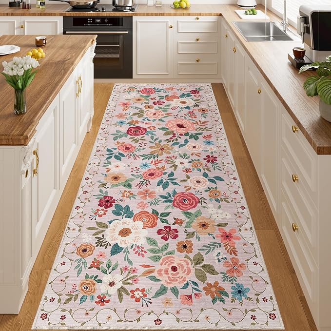DUKINO 3x8 Kitchen Runner Rug, Washable Rug for Hallway Non Slip, Beige | Soft, Low Pile, Floral Indoor Carpet Runner for Hallway, Entryway, Bedroom, Bathroom, Laundry, Pet Friendly, Home Decor