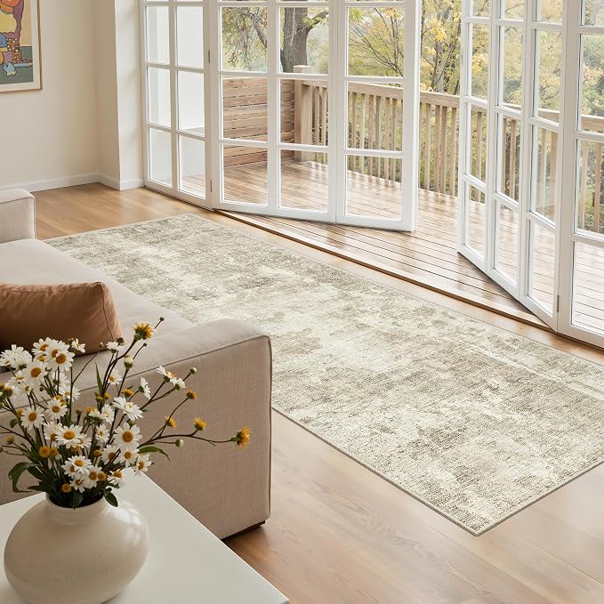 Soalmost Abstratc Runner Rug 2x5 Washable Kitchen Entry Runners Beige/Gray | Non-Slip Low-Pile Rugs for Bathroom Laundry Room, Vintage Foldable Floor Carpet Mat Hallway Entryway for Corridor Bedroom
