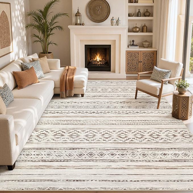 cotiled 9x12 Area Rugs Living Room Rug: Washable Boho Rugs with Non Slip Backing Large Soft Indoor Stain Resistant Carpet for Bedroom Farmhouse Dining Room Lightweight Home Decor Cream Brown