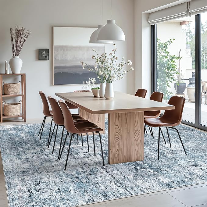Soalmost 10x12 Area Rugs for Living Room Washable Rug Abstract Blue/Grey | Non-Slip Large Modern Carpet for Dining Bedroom, Soft Low Pile Lightweight Foldable Floor Mat Nursery Home Office Decor