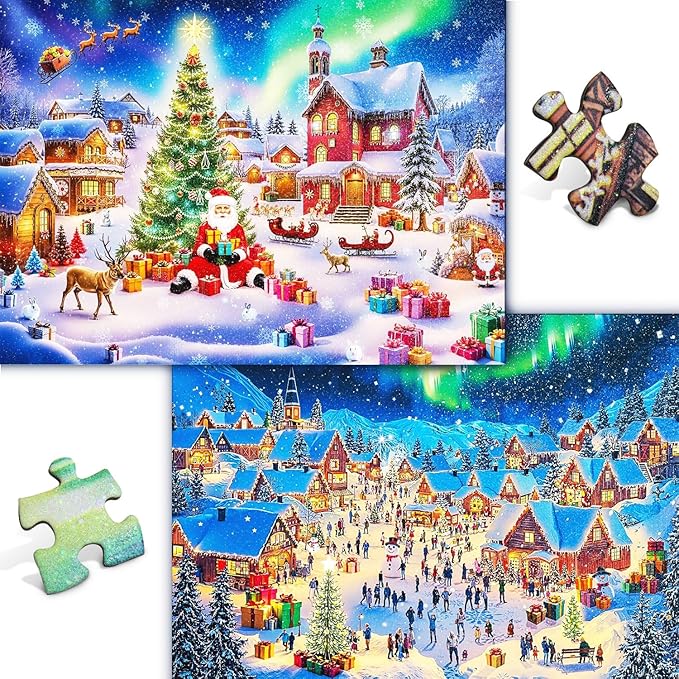 Christmas Puzzles 1000 Pieces for Adults,Jigsaw Puzzles 2 Pack - Challenging Christmas Games, Shimmering Northern Lights & Santa Scene, Christmas vaction Family Night Activity, Winter Wall Art Decor