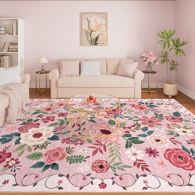 DUKINO 8x10 Area Rugs, Floral Washable Living Room Rug Non Slip, Pink | Low Pile, Stain Resistant, Soft Indoor Large Carpet for Bedroom, Dining Rom, Kids Playroom, Pet Friendly, Modern Home Decor