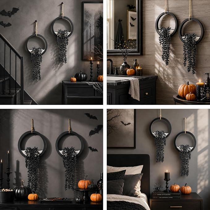 Der Rose 2 Pack Black Artificial Hanging Plants for Gothic Halloween Decor | Strongly festive atmosphere of Halloween，black hanging fake succulents，suitable for black wall decor，party decorations