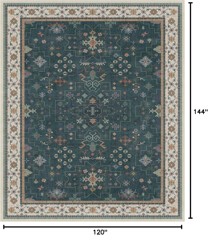 Hazo Haus Dark Green Oushak Living Room Rug 10x12 - Modern Vintage Boho Eclectic Floral Pastel, Washable Low Pile Non-Slip Extra Large Area Rugs for Dining Under Table Bedroom Lounge
