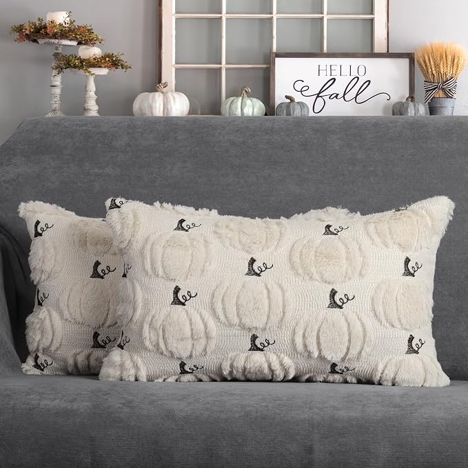 Fall Pumpkin Decorative Lumbar Pillow Covers 12x20 Set of 2, Beige Soft Plush Faux Fur Wool Farmhouse Throw Cushion Cases for Autumn Thanksgiving Holiday Home Decorations