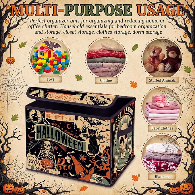 Briwooody Halloween Storage Bin with Lid and Carrying Handle Vintage Halloween Gothic Pumpkin Foldable Storage Box Large Bat Cat Decorative Collapsible Container Basket for Closet Home Bedroom Gift