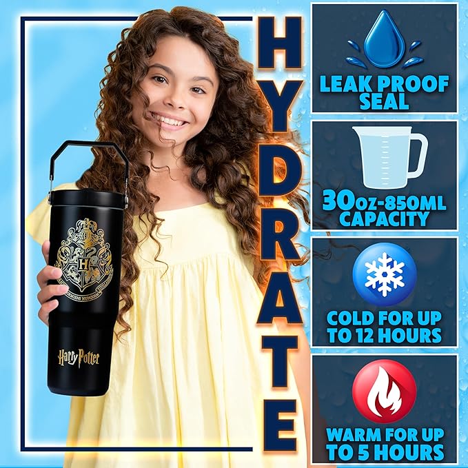 Get Trend Harry Potter Tumbler with Straw 30oz Kids Teens Insulated Cup with Lid Handle Travel Mug Cups with Lids for School Sports Gifts for Kids (Black Harry Potter)