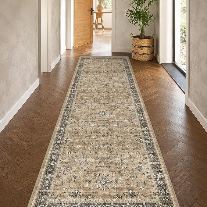 Boho Washable 3x10 Extra Long Runners for Hallways, Earthy Sage Taupe Kitchen Runner Rug, Vintage Entryway Indoor Rug, Non-Slip Stain Resistant Low Pile Throw Rug